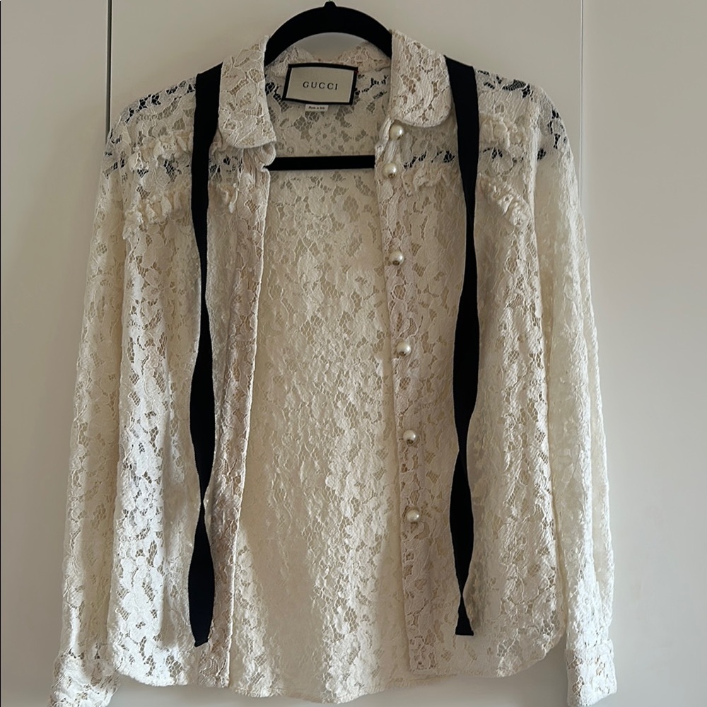 Gucci Cream Lace Long Sleeve Blouse